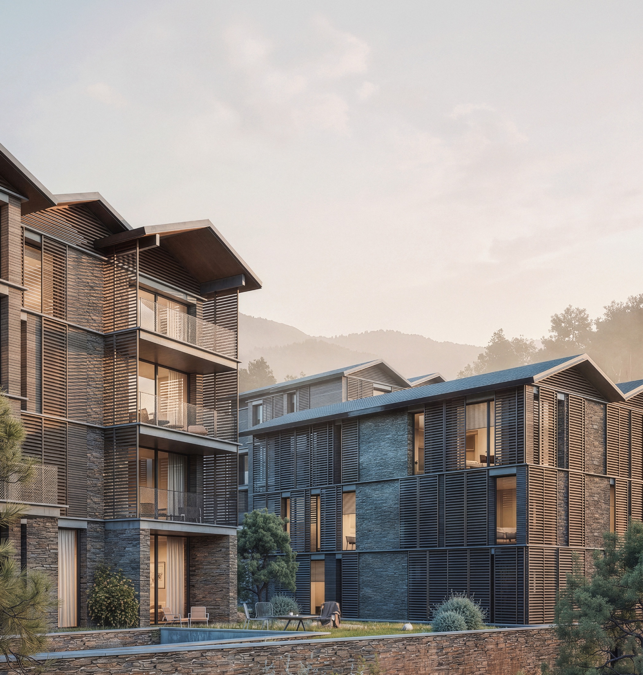 Ordino Prestige seen from the valley, timber louvers and Andorran stone